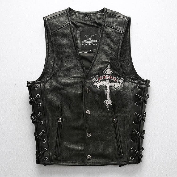 Mens Leather Motorcycle Vest With Laced Up - bikerclubshop