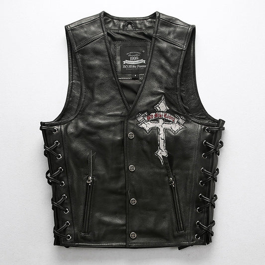 Mens Leather Motorcycle Vest With Laced Up - bikerclubshop