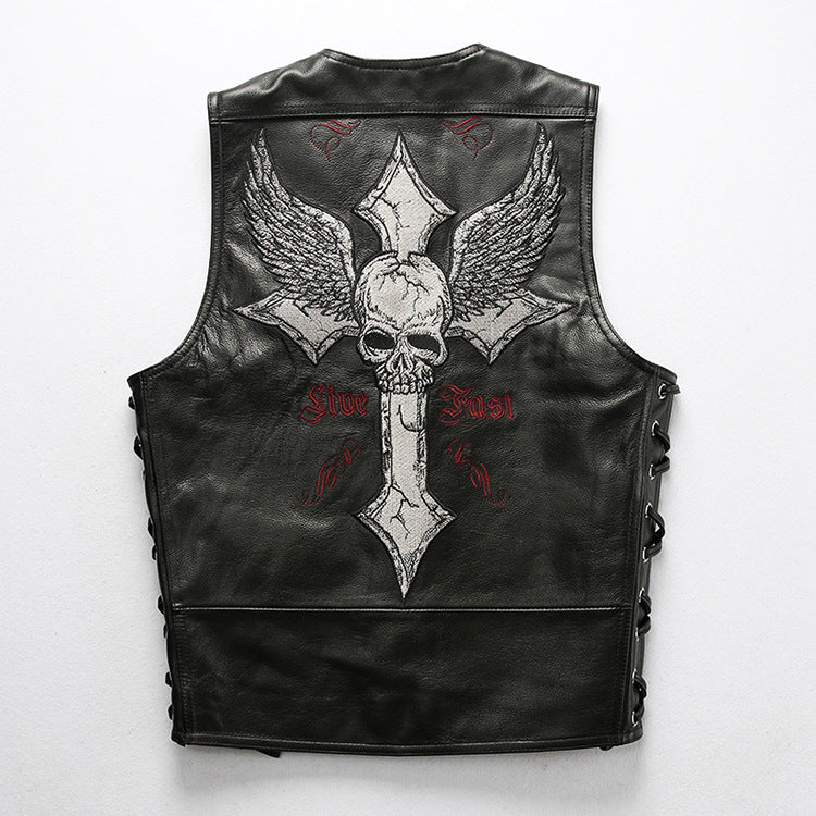 Mens Leather Motorcycle Vest With Laced Up - bikerclubshop