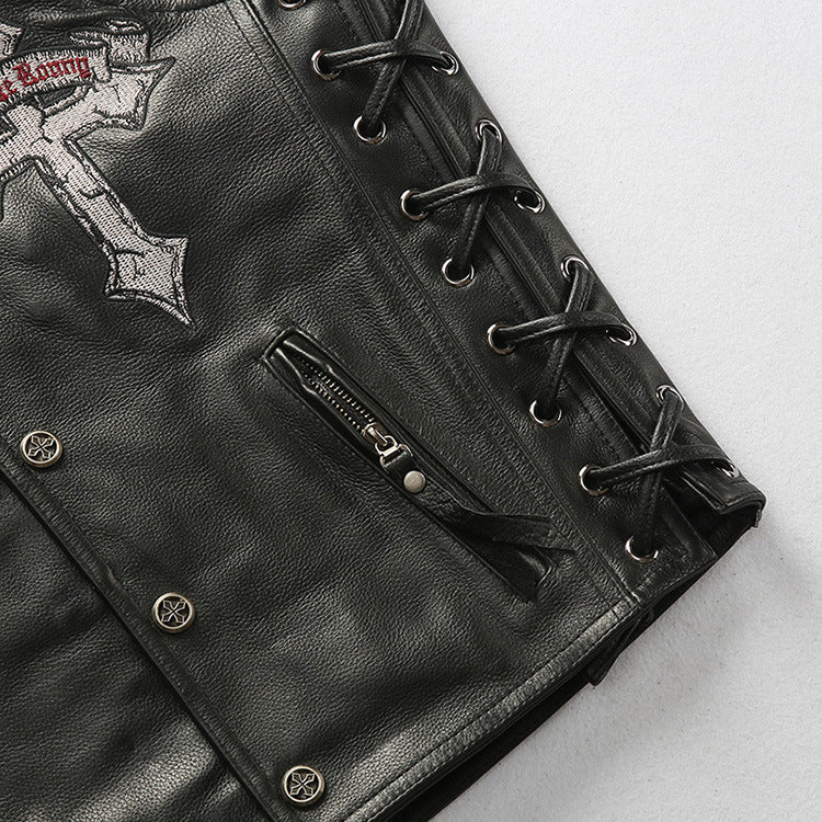 Mens Leather Motorcycle Vest With Laced Up - bikerclubshop