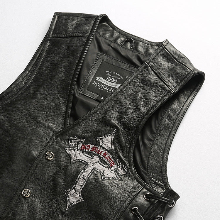 Mens Leather Motorcycle Vest With Laced Up - bikerclubshop