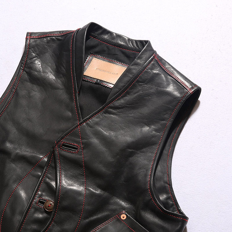 Mens Black Leather Motorcycle Vest - bikerclubshop