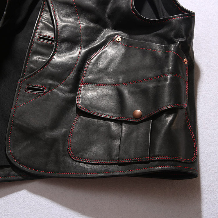 Mens Black Leather Motorcycle Vest - bikerclubshop