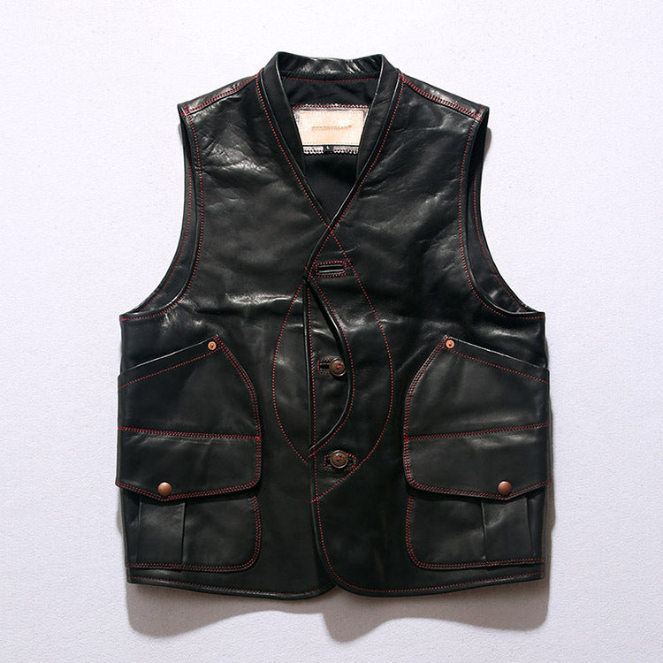 Mens Black Leather Motorcycle Vest - bikerclubshop