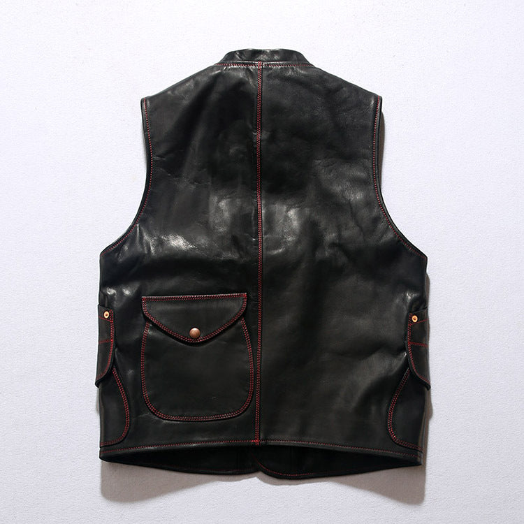 Mens Black Leather Motorcycle Vest - bikerclubshop
