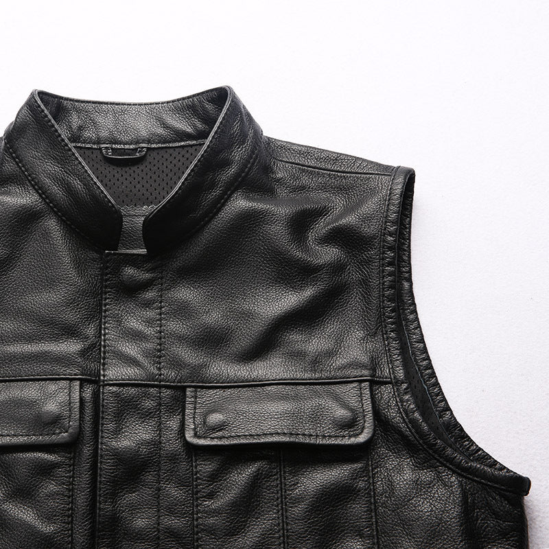 Men's Motorcycle Club Leather Vest Concealed Carry Arms Solid Back - bikerclubshop