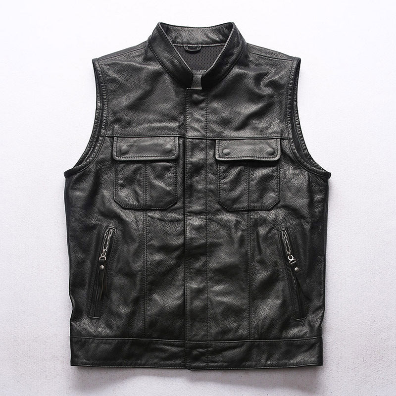 Men's Motorcycle Club Leather Vest Concealed Carry Arms Solid Back - bikerclubshop