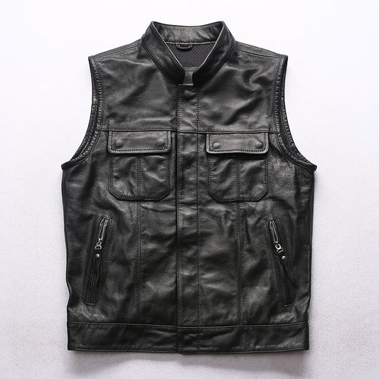 Men's Motorcycle Club Leather Vest Concealed Carry Arms Solid Back - bikerclubshop
