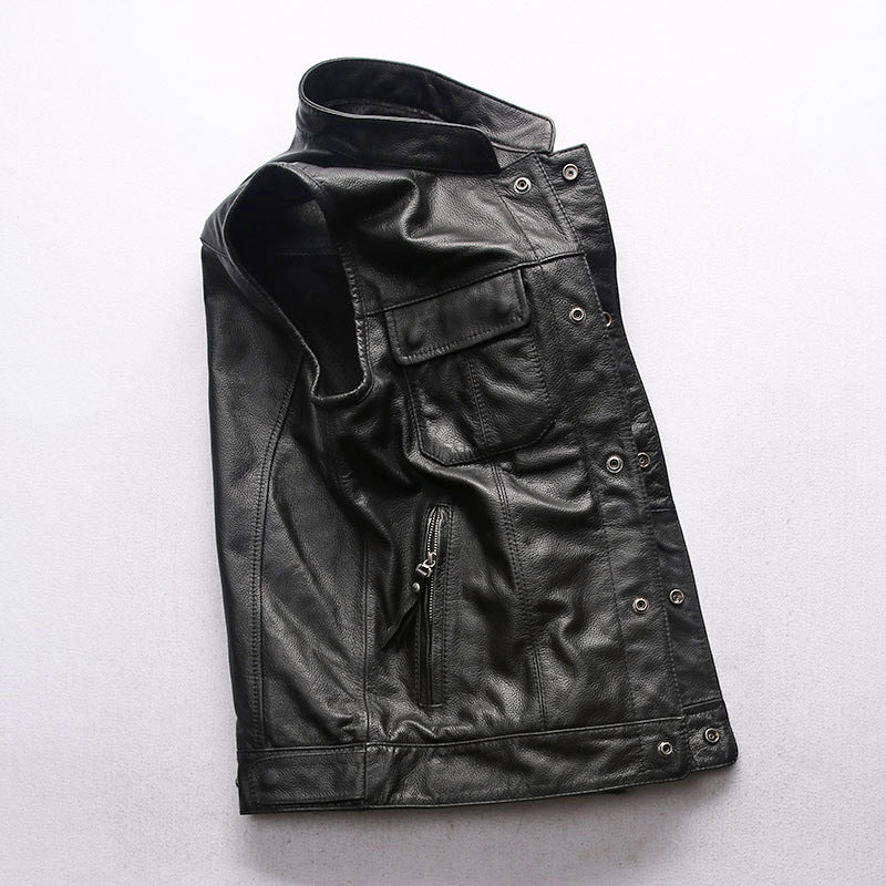 Men's Motorcycle Club Leather Vest Concealed Carry Arms Solid Back - bikerclubshop