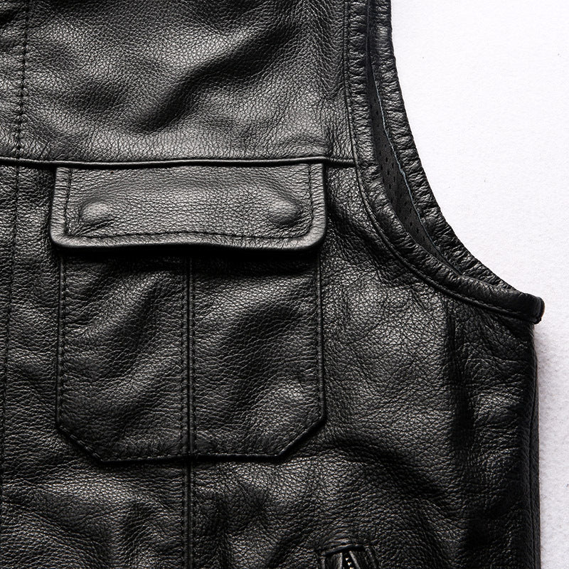 Men's Motorcycle Club Leather Vest Concealed Carry Arms Solid Back - bikerclubshop