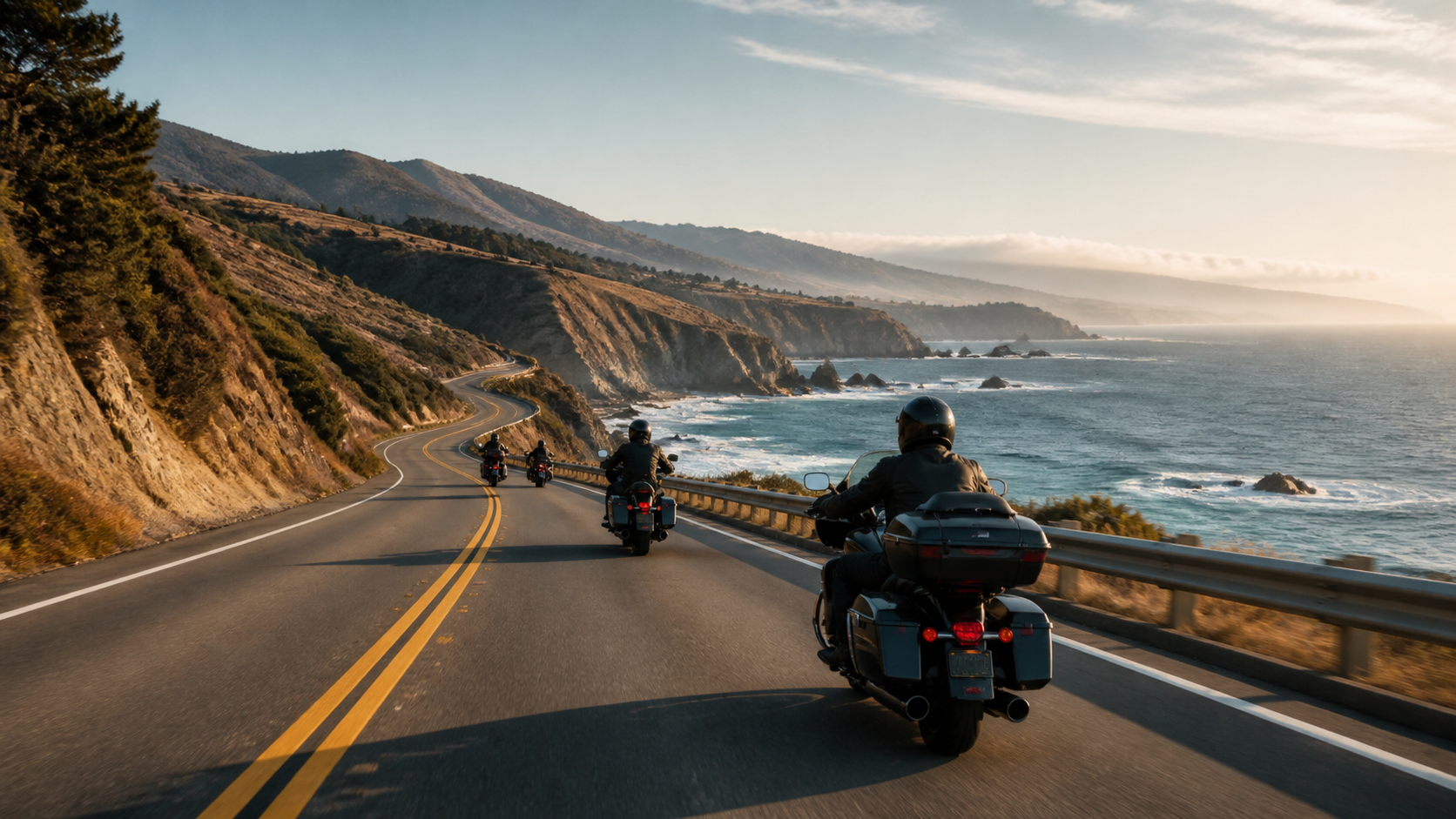 Touring motorcyclists following a coastal highway above the Pacific Ocean