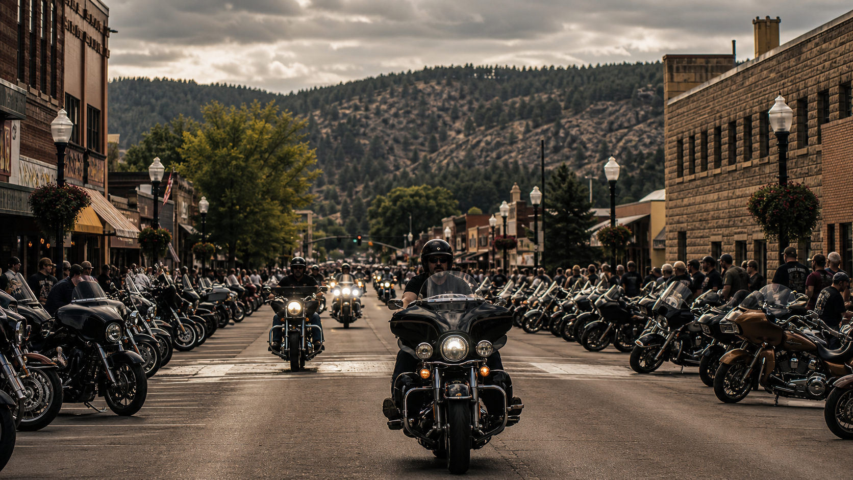 Touring motorcycles riding through downtown Sturgis with the Black Hills behind them